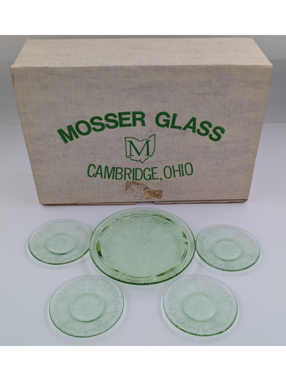 Vintage Mosser Green Glass Miniature Jennifer Set #4 - Cake Plate Dessert Set